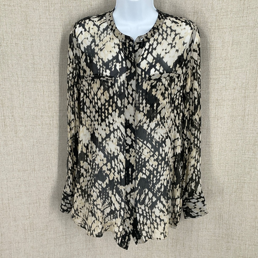 Vince Blouse Womens 10 Black Tan 100% Silk Snakeskin Print Sheer Button Down Top